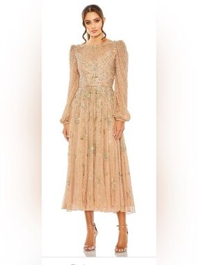 Mac Duggal 5990 NWT Long Sleeve Formal Tea Length Dress Tea Length